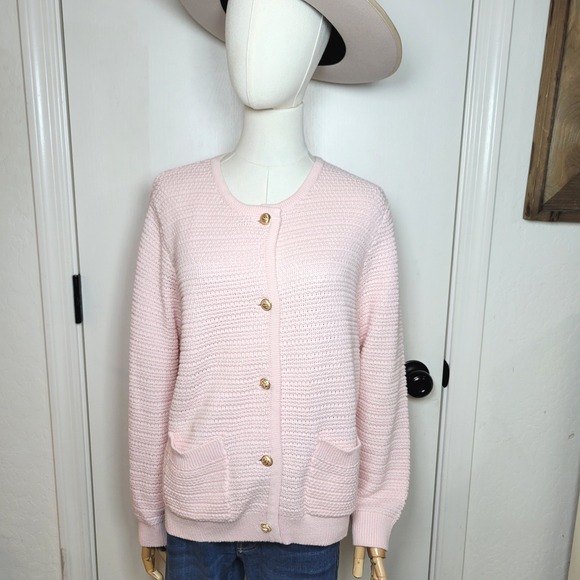 Chic Preppy Pink Cable Knit Cardigan Size Large Old Money Fall Cardigan Winter - Picture 1 of 10